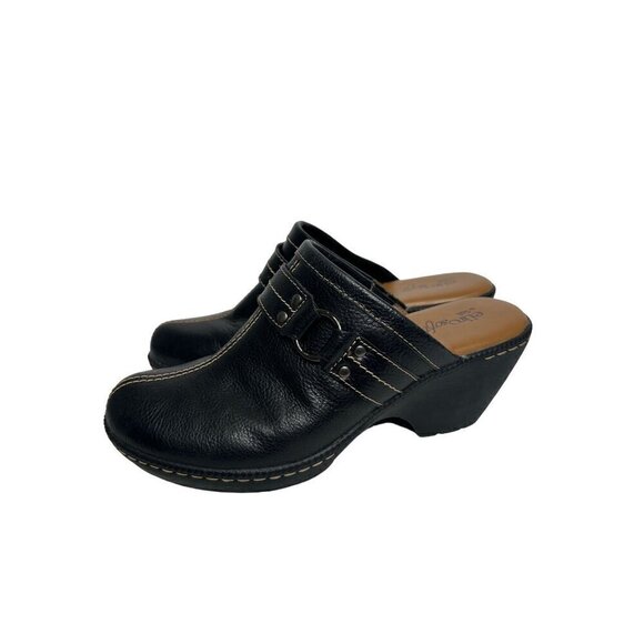 Eurosoft Black Upper Leather Slip-On Clogs Heeled Comfort Mules With Buckle - Picture 6 of 16
